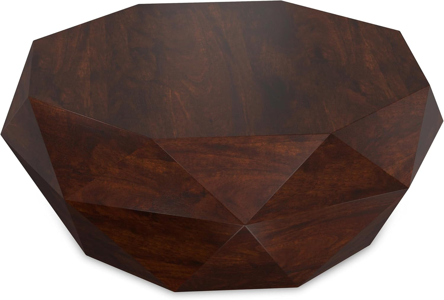 SIMPLIHOME Zayn Coffee Table - 35 inch Wide Solid Acacia Wood Geometric Drum Cocktail Table in Walnut Brown, Modern Living Room Table with Octogon-Shaped Tabletop and Faceted Design, Assembled