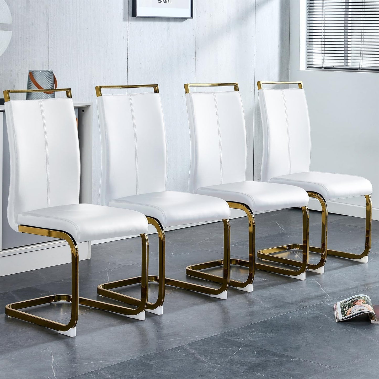 Modern Dining Chairs Set of 4,High Back White Kitchen Chairs,Faux Leather Side Chair with Gold Plated Metal Legs,Easy to Clean Upholstered Dining Chairs,Ideal for Living Room(Gold Leg)