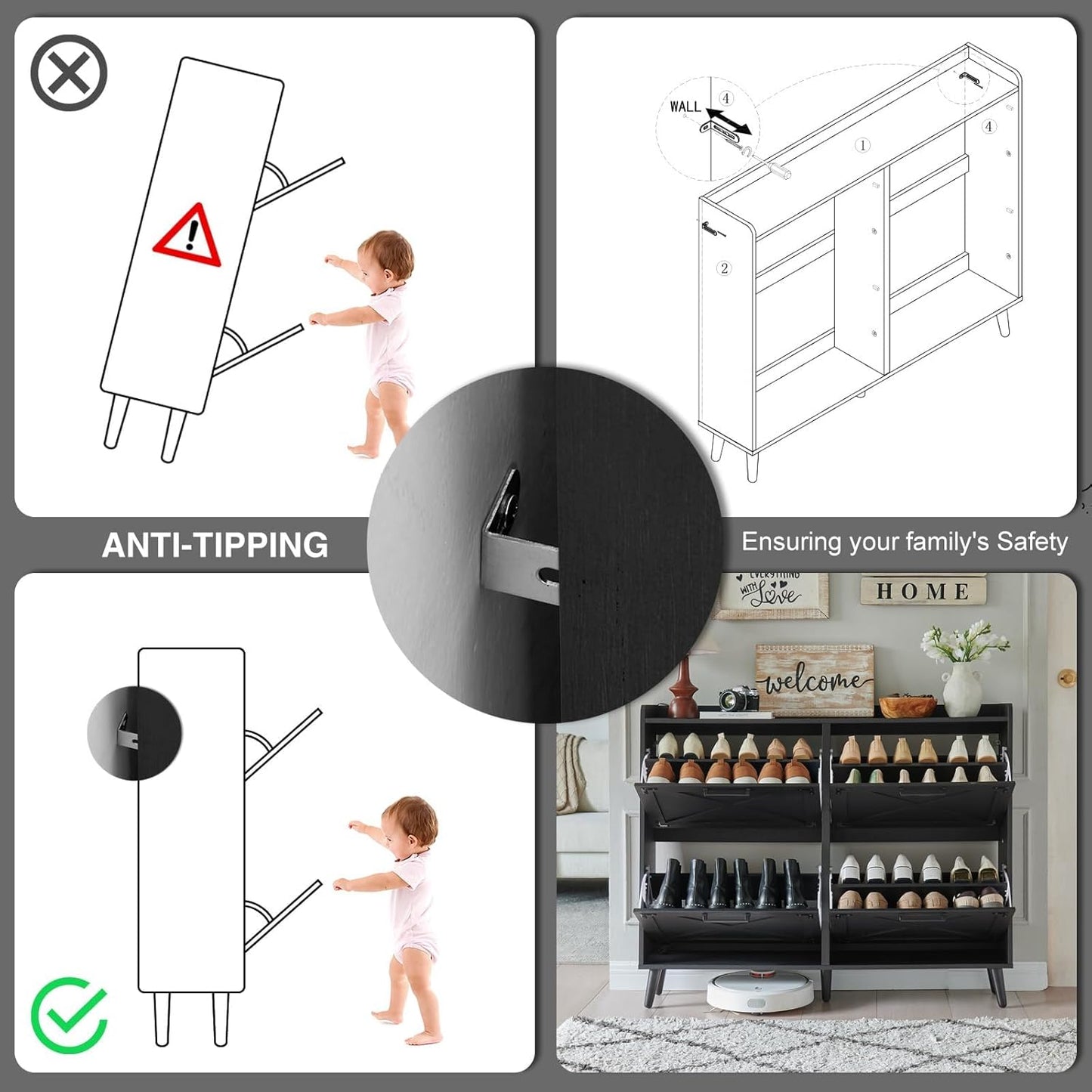 Shoe Storage Cabinet,Farmhouse Shoe Organizer with 4 Flip Drawers & Barn Door Design,Freestanding Hidden Slim Narrow Shoe Rack Cabinet for Entryway,Foyer,Hallway,Black