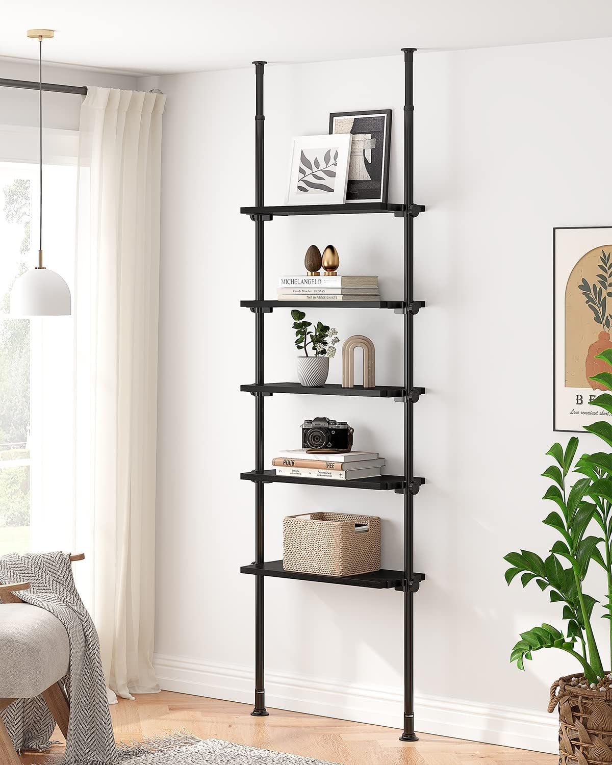 ALLZONE 5 Tiers Narrow Bookshelf, Tall Adjustable Ladder Book Shelf with Open Storage, Floor to Ceiling Tension Mount, Wooden Industrial Bookcase for Living Room, 92 to 116 Inch, Black