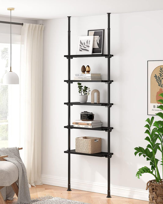 ALLZONE 5 Tiers Narrow Bookshelf, Tall Adjustable Ladder Book Shelf with Open Storage, Floor to Ceiling Tension Mount, Wooden Industrial Bookcase for Living Room, 92 to 116 Inch, Black