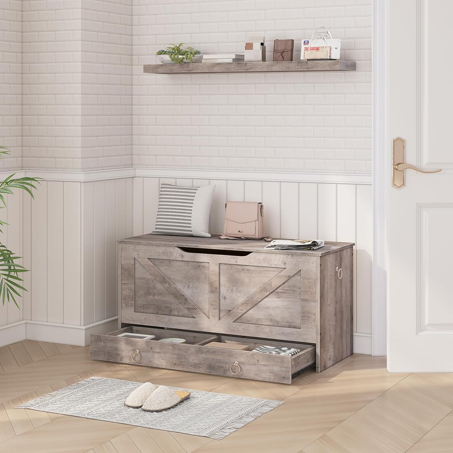 HOOBRO Storage Chest, 39.3" Toy Chest with Drawer, Wooden Storage Bench, Sturdy Entryway Bench Supports 220 lb, Safety Hinge, U-Shaped Opening, Easy Assembly, Greige BG710CW01G1