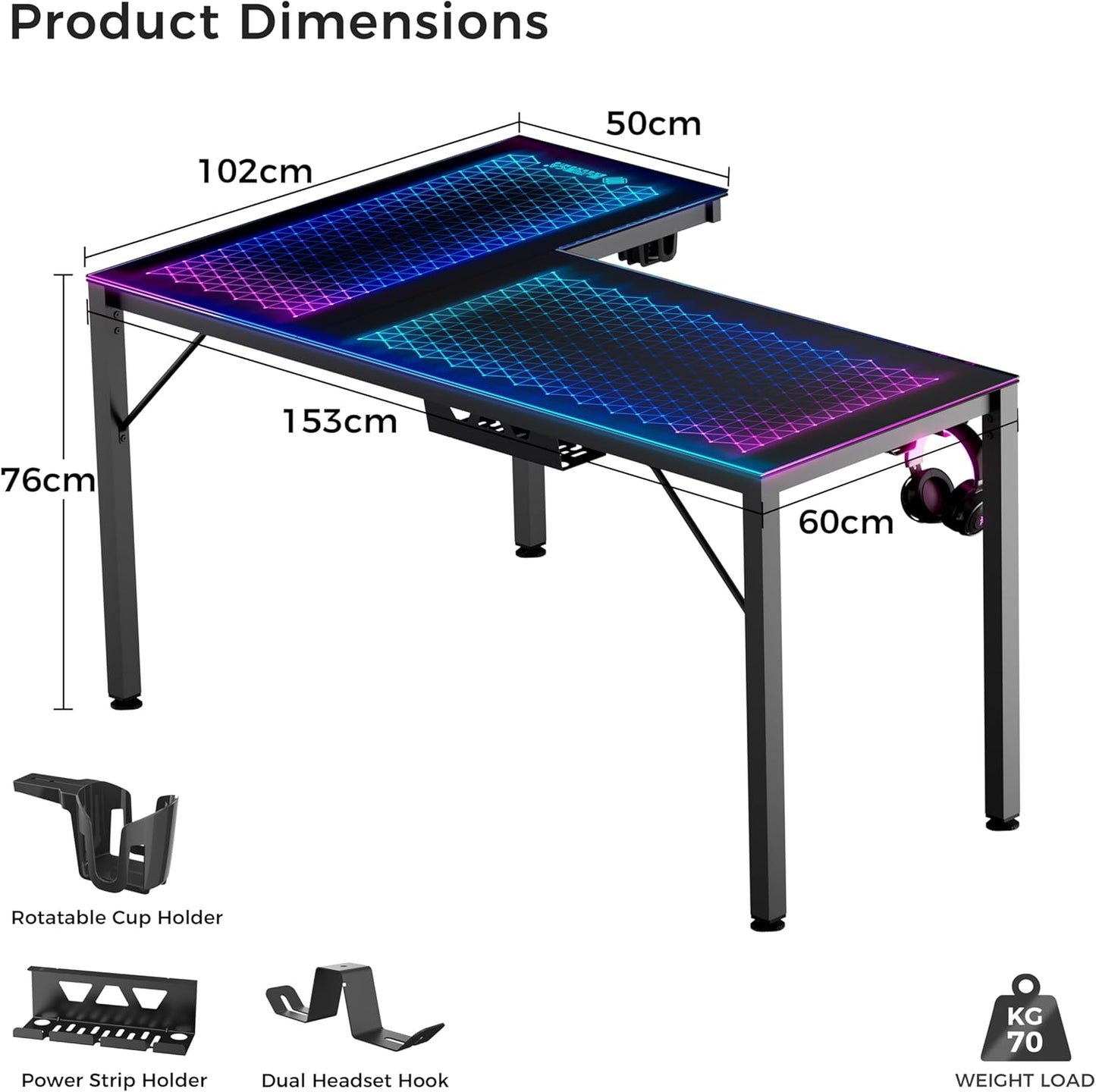 EUREKA ERGONOMIC RGB LED Lights 60 Inch L Shaped Reversible Black Glass Gaming Desk Home Office Computer Table GTG L60