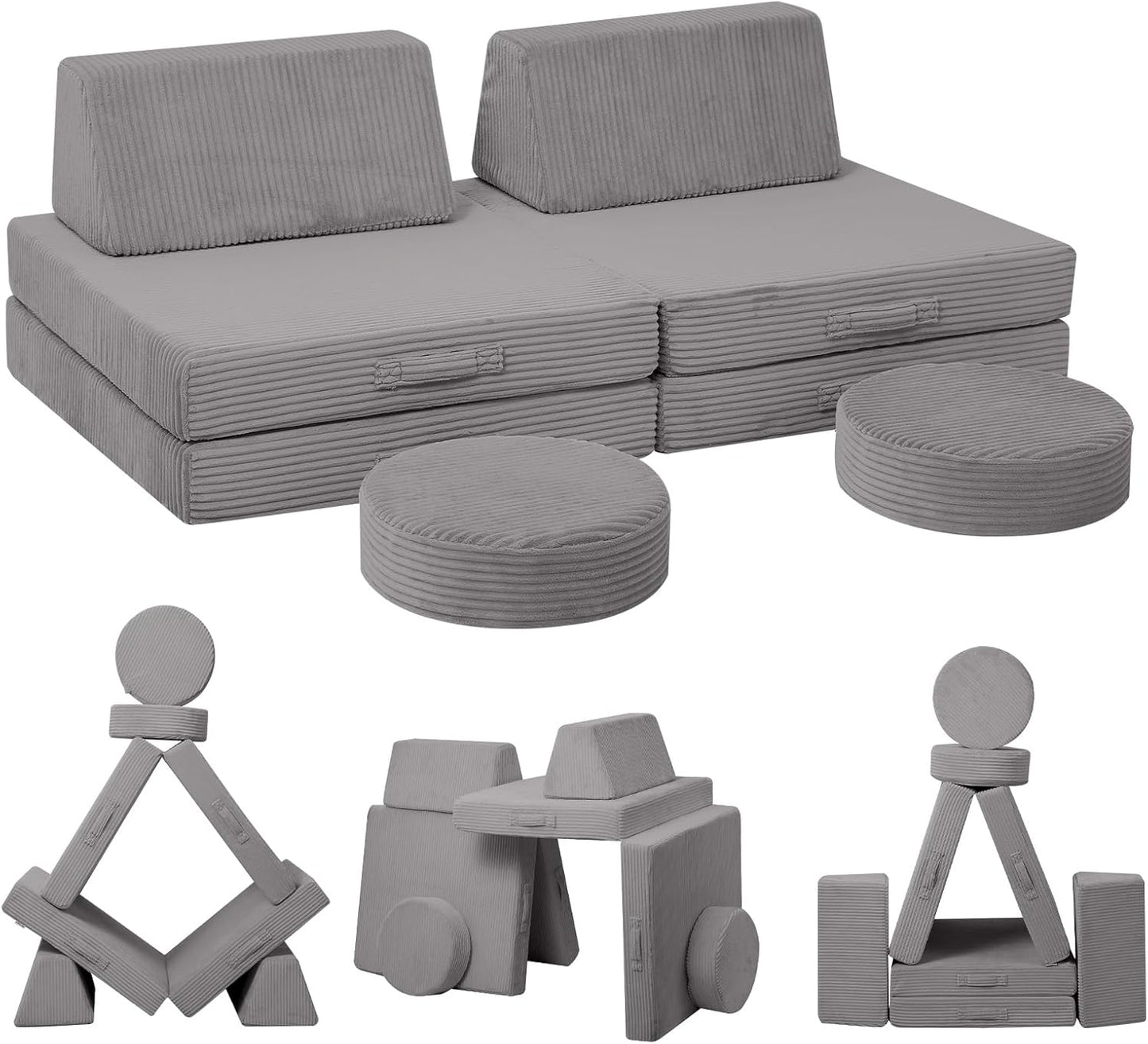 MeMoreCool Kids Couch for Playroom, Corduroy Convertible Toddler Couch, 8 Piece Modular Play Sofa, Foam Fort Building Set for Child Room Furniture, Light Grey