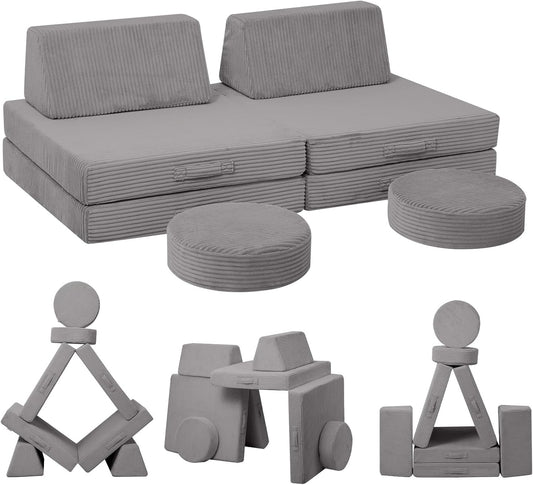 MeMoreCool Kids Couch for Playroom, Corduroy Convertible Toddler Couch, 8 Piece Modular Play Sofa, Foam Fort Building Set for Child Room Furniture, Light Grey