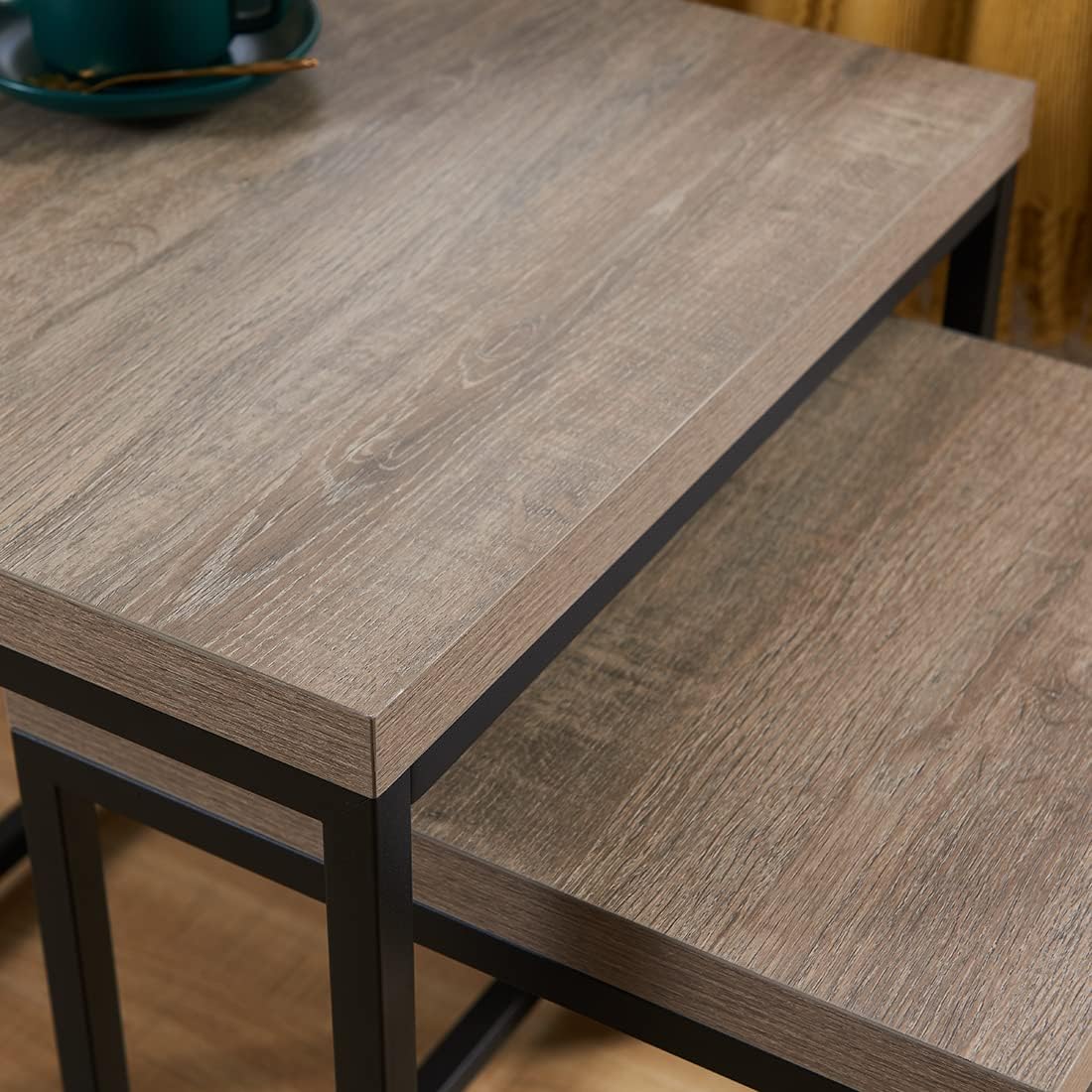 CENSI 20"x20" French Oak Nesting End Side Table, Accent Coffee Table, Square Shape, Grey Wood Finish, Blakc Metal Frame, Space-Saving, Modern Industrial Style