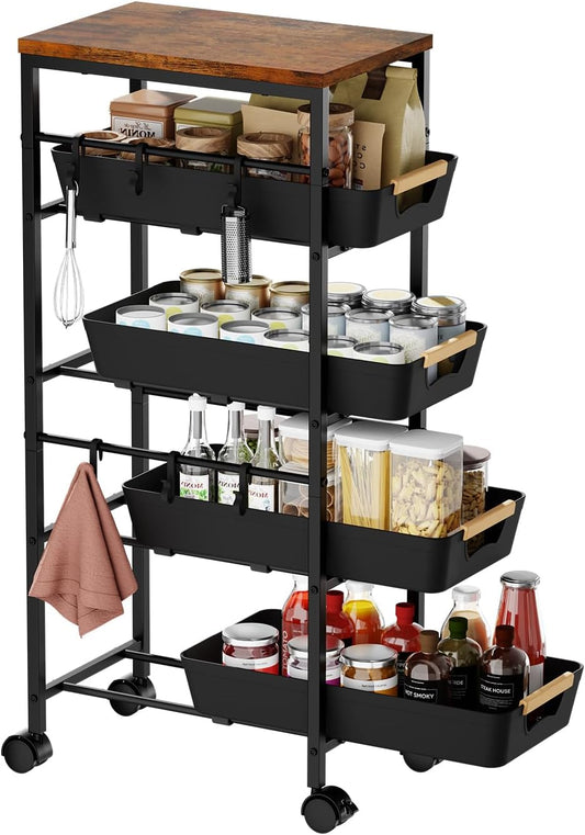 5-Tier Slim Storage Cart, Wooden Top Rolling Kitchen Cart with Pull-Out Baskets & Wheels, Narrow Space Utility Cart Slide Out Organizer for Kitchen, Bathroom, Laundry Room, Black