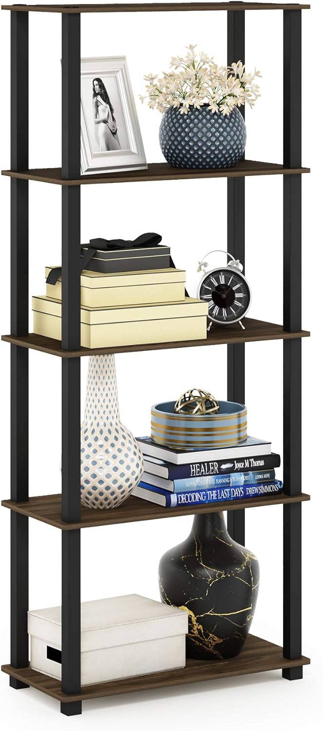 Furinno Turn-N-Tube 5-Tier Multipurpose Shelf / Display Rack / Storage Shelf / Bookshelf, Square Tubes, Columbia Walnut/Black