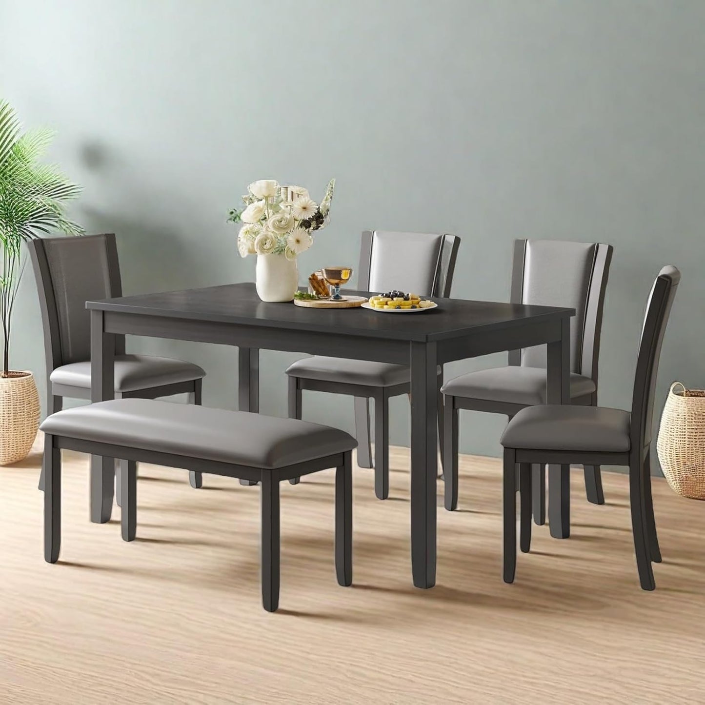 Dining Table Set for 5, 6-Piece Kitchen Table & Chairs Set with Rectangular Table, Bench & 4 Upholstered Chairs, 58'' Dinner Set with Rubber Wood Legs & Curved Backrest for Kitchen, Gray