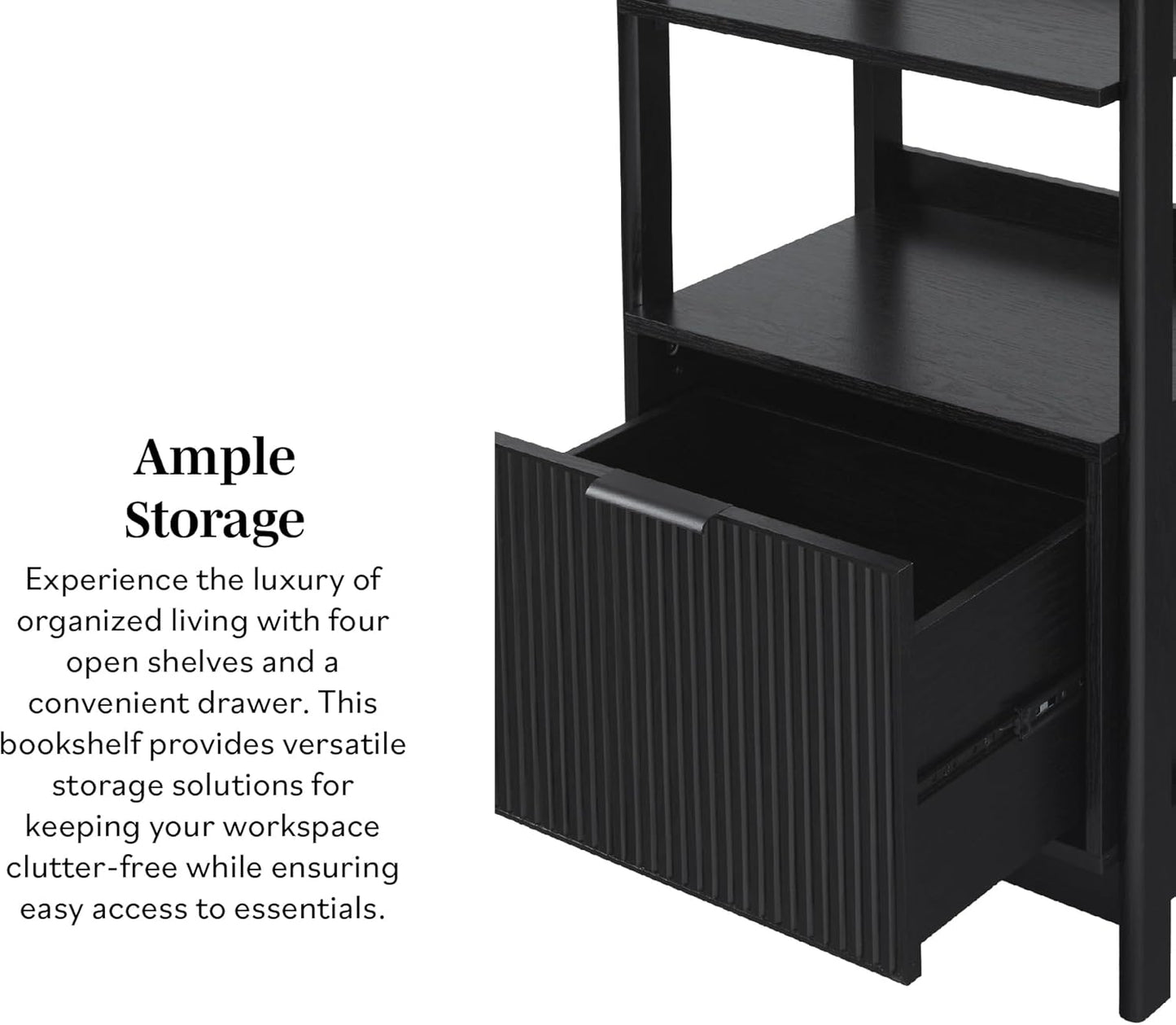 Walker Edison Transitional Reeded Narrow Open Bookshelf with Drawer Home Office Living Room, Bedroom, 4-Shelf Bookcase with Bottom Storage, 22 Inch, Black