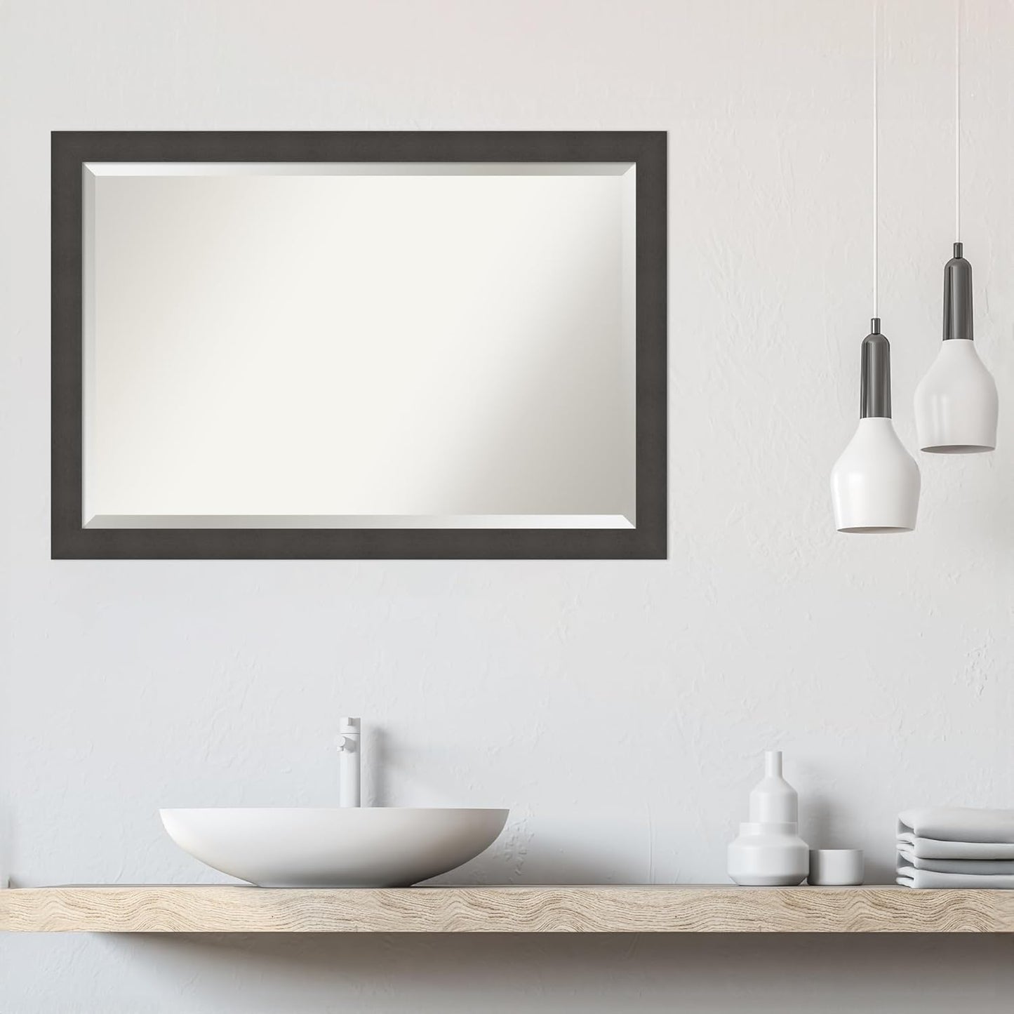 Amanti Art Silver Bathroom Mirror for Over Sink, 28x40 Blaine Light Pewter Narrow Rectangle Vanity Mirror, Large Modern Contemporary Frame, Hangs Horizonally and Vertically, Bathroom Wall Decor