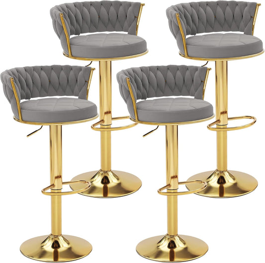 VECELO Bar Stools Set of 4, Adjustable Barstools Counter Height Stools with Back and Arm, Velvet Woven Kitchen Island Stools w/Gold Metal Leg & Base, 360° Swivel Bar Chair, Light Grey