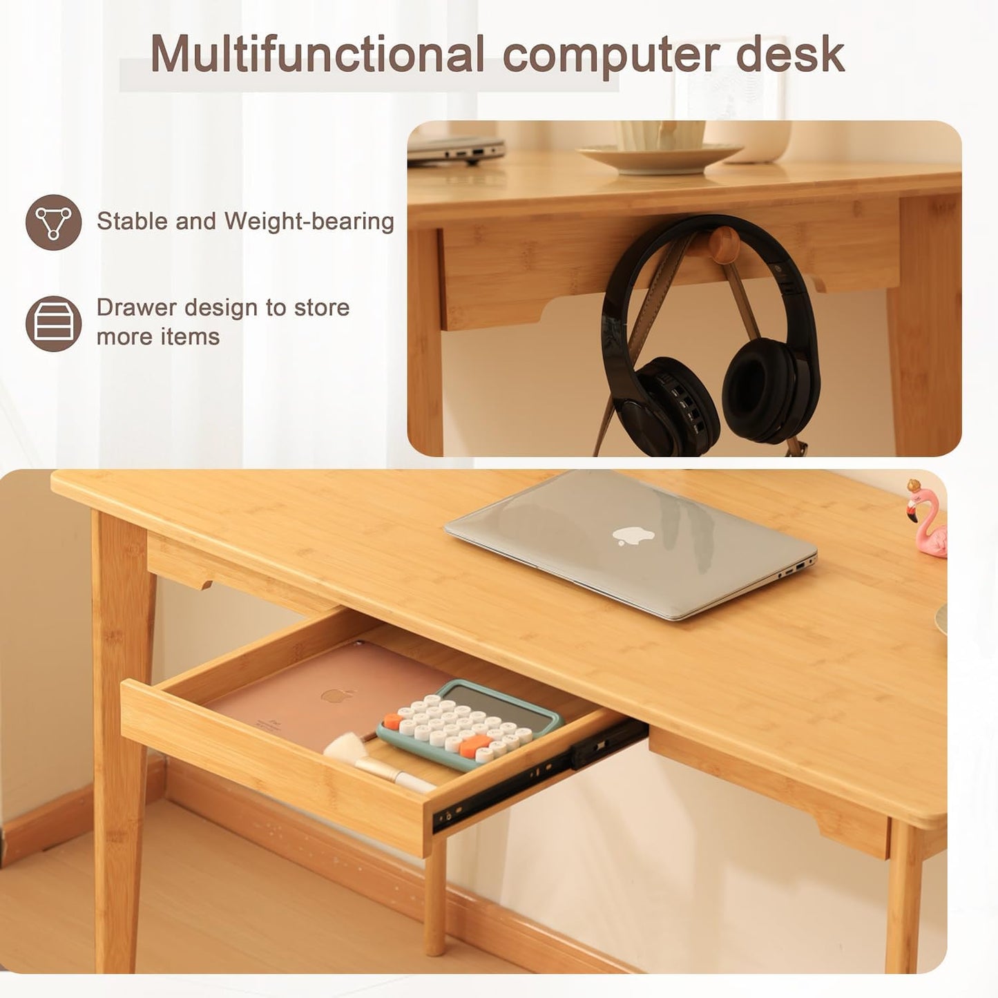 Maydear 47" Bamboo Multipurpose Study Writing Desk with Drawer, Modern Simple Computer & Laptop Table Dining Table for Bedroom, Living Room, Home and Office, Kitchen, Natural