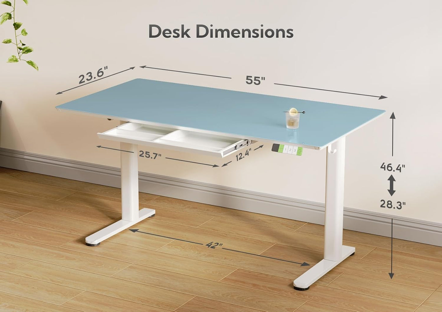 INNOVAR Glass Standing Desk with Drawers, Adjustable Height Stand Up Desk, Electric Standing Desks with Storage, 55 inch, Morandi Blue