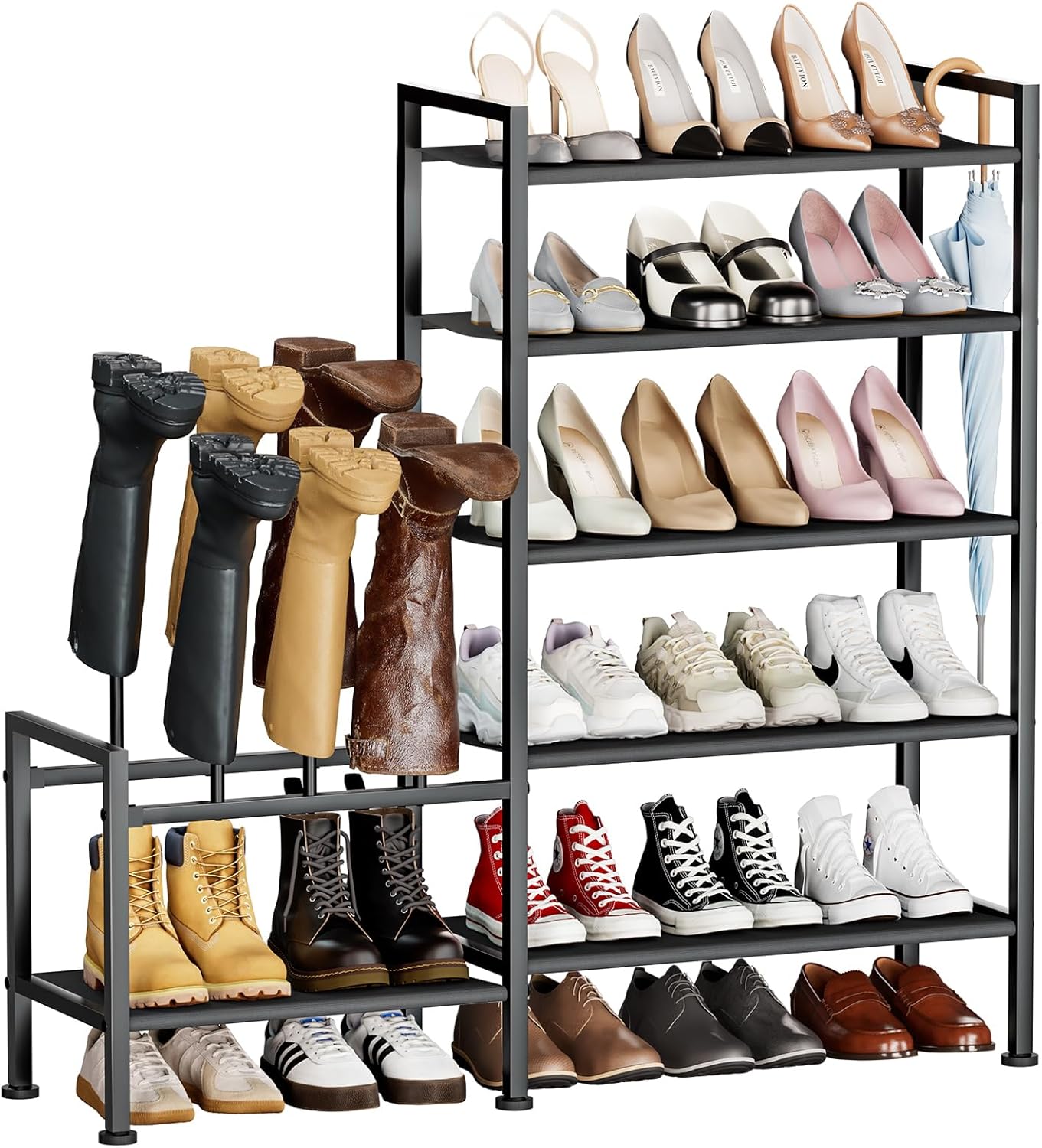 Shoe Rack Organizer and Storage - 5 Tier Metal+Non-woven Fabric Shoe Rack with Boot Storage & Side Any Combination - Space Saving Shoe Shelf for Entryway, Bedroom, Garage, Small Spaces