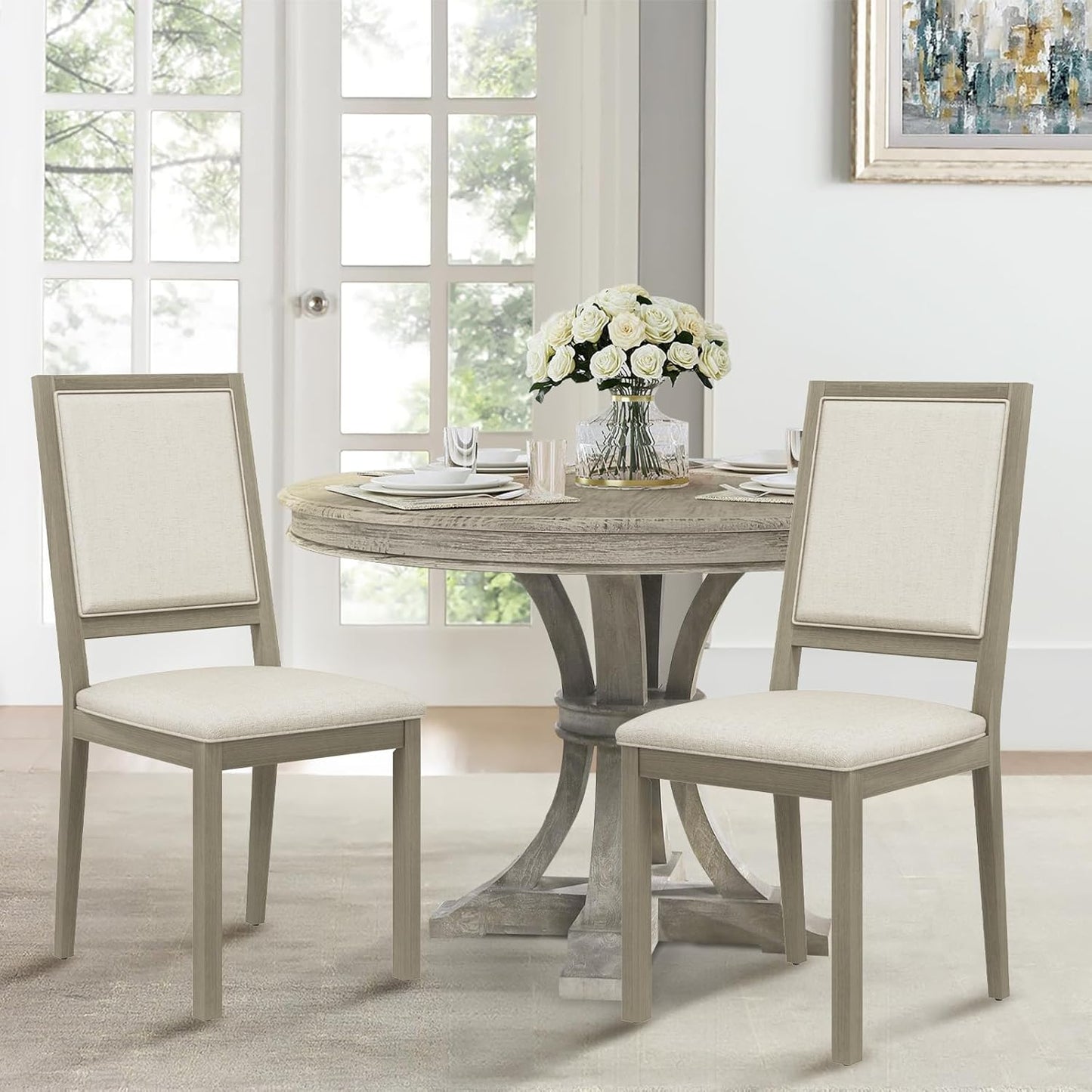 COLAMY Wood Dining Chairs Set of 2, Mid Century Modern Upholstered Kitchen Chairs,19 Inch Fabric Dining Chair with Back for Kitchen Dining Room,Grey