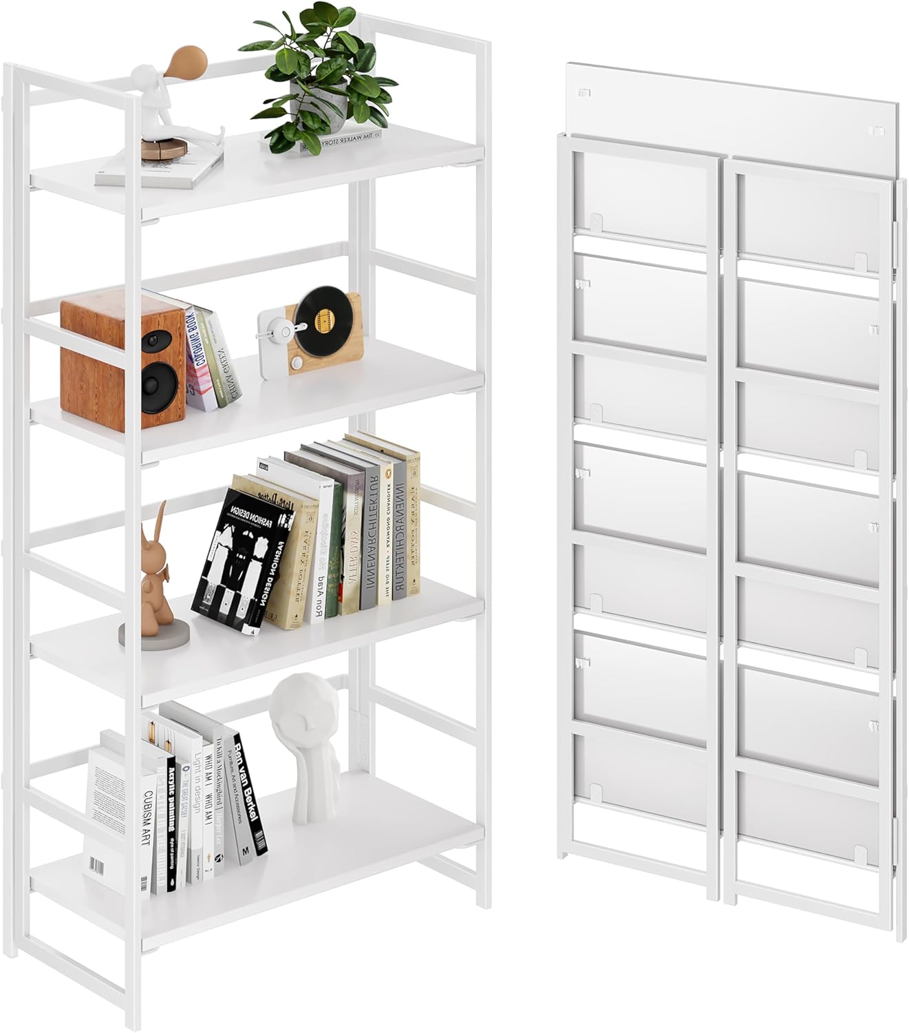 BHG Vintage Multifunctional Folding Bookshelf, No-Assembly Plant Stand Storage Rack Shelves for Home Office (All White, 4-Tier)