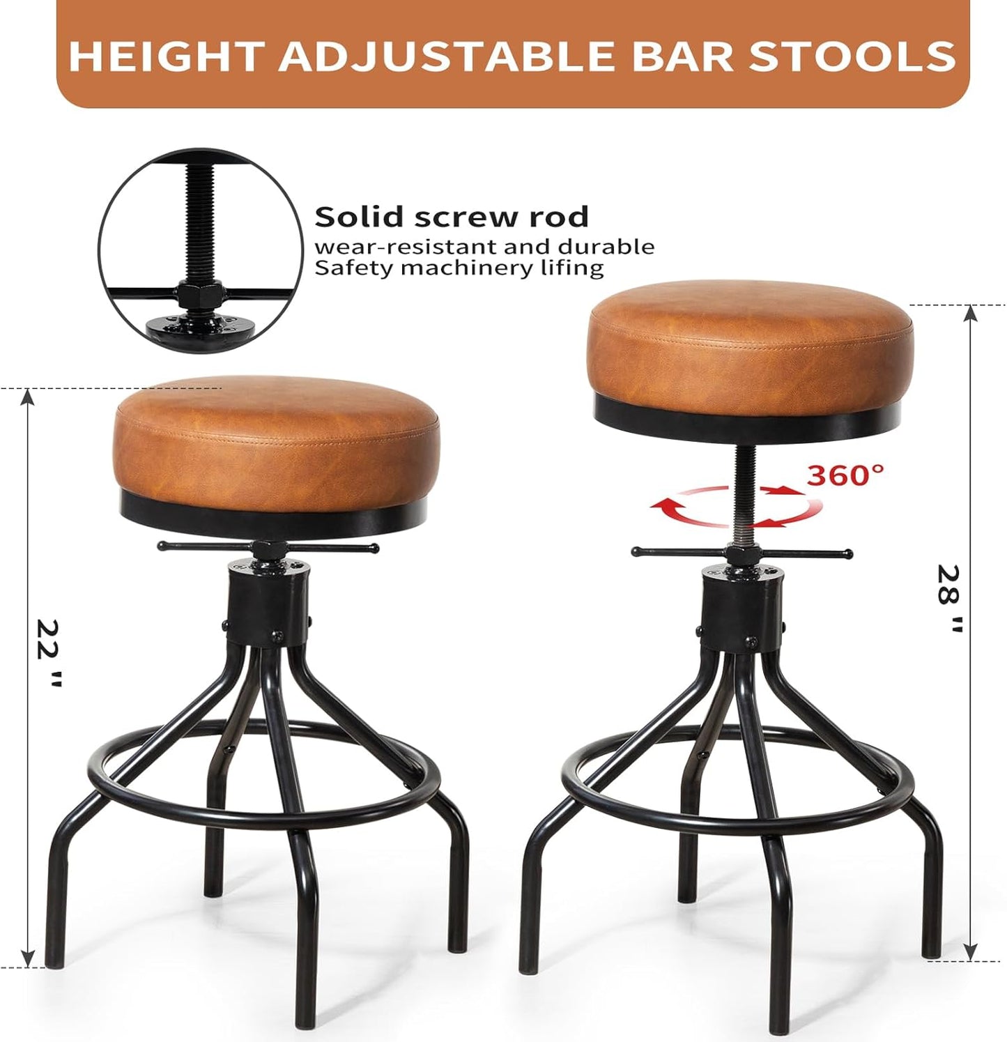 Industrial Bar Stools Adjustable Swivel Round Barstools Modern PU Leather 28inch Backless Counter Height Stool Metal Bar Chair for Kitchen Island (1, Brown)