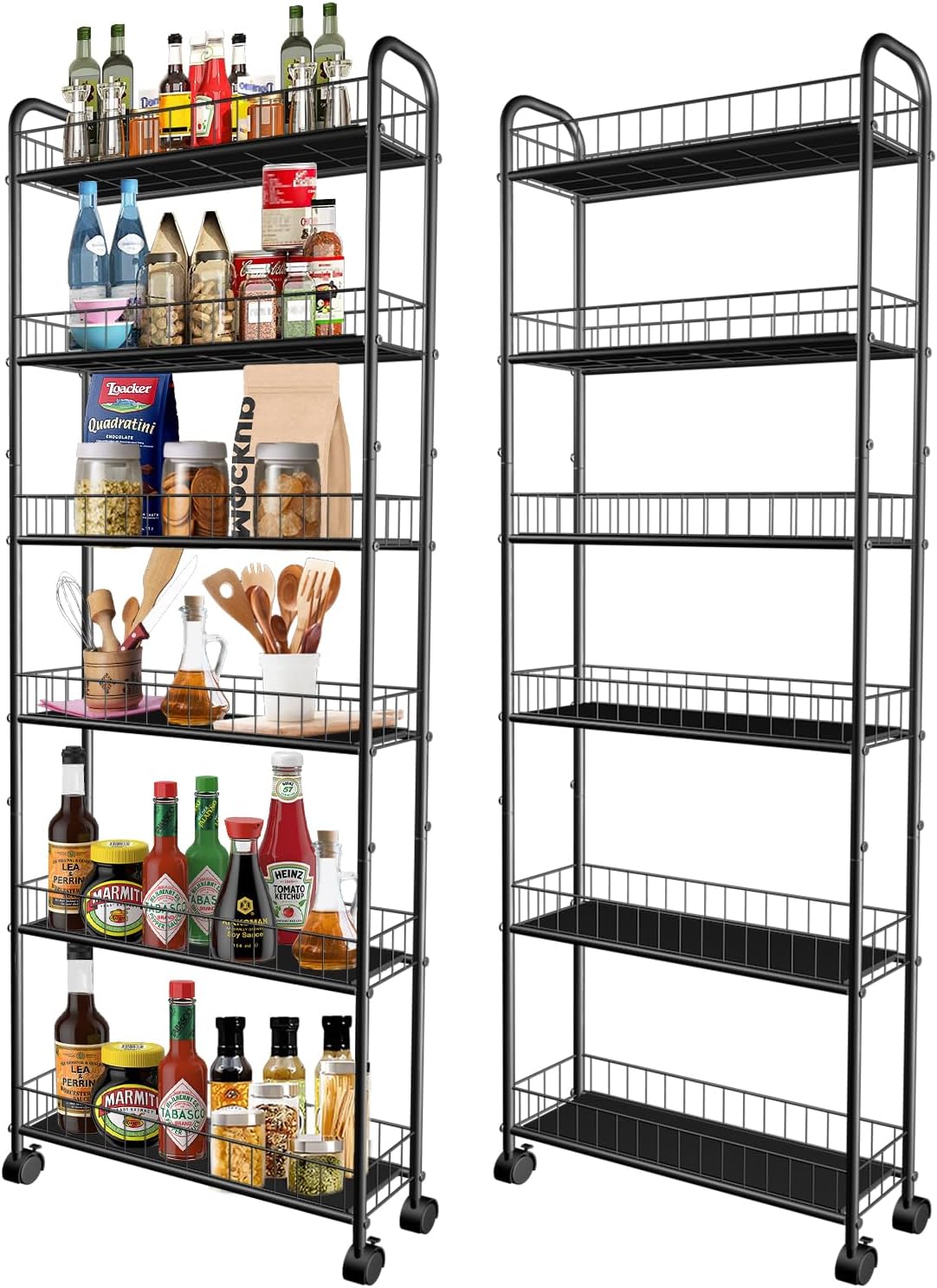 Slim Storage Cart with Wheels, 6-Tier 6in Black Narrow Rolling Shelf,Sturdy Slim Storage Ideal for Kitchen, Bathroom, and Laundry Room