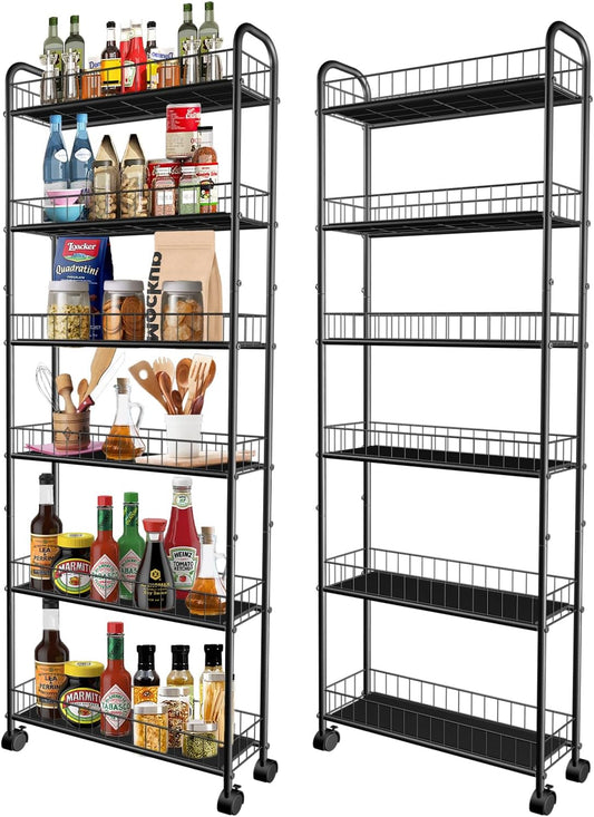 Slim Storage Cart with Wheels, 6-Tier 6in Black Narrow Rolling Shelf,Sturdy Slim Storage Ideal for Kitchen, Bathroom, and Laundry Room