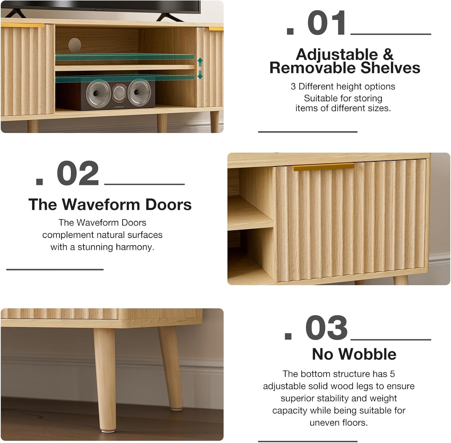 TV Stand for Living Room, Boho Entertainment Center for 55/60/65 inch TVs, Media Console with Fluted Door Cabinets and Open Shelves, for Bedroom, Oak