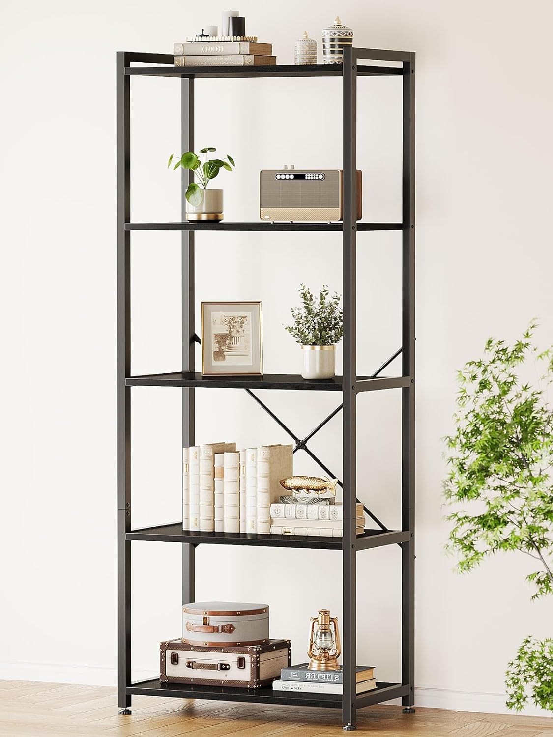 Casaottima Book Shelf, 5 Tier Bookshelf, Modern Wood Bookcase Shelves for Bedroom, Industrial Display Shelf for Living Room Home Office Kitchen, Standing Shelving Unit Storage Organizer, Black