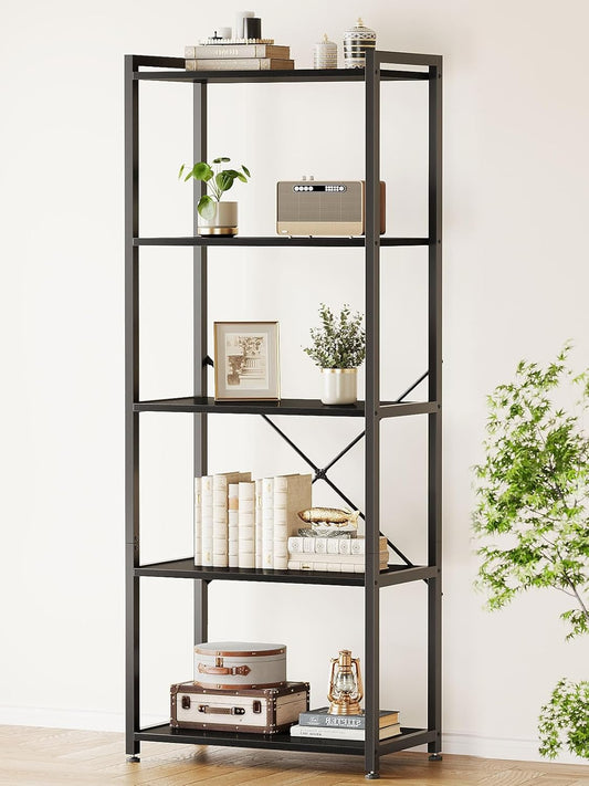 Casaottima Book Shelf, 5 Tier Bookshelf, Modern Wood Bookcase Shelves for Bedroom, Industrial Display Shelf for Living Room Home Office Kitchen, Standing Shelving Unit Storage Organizer, Black