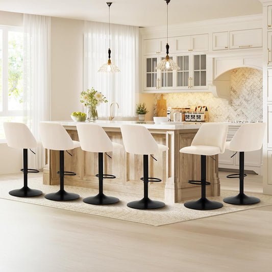 COLAMY Bar Stools Set of 6, Modern Swivel Bar Chairs, Adjustable Upholstered Barstools Counter Height with Full Backrest for Bar, Dining Room, Kitchen Island, Beige