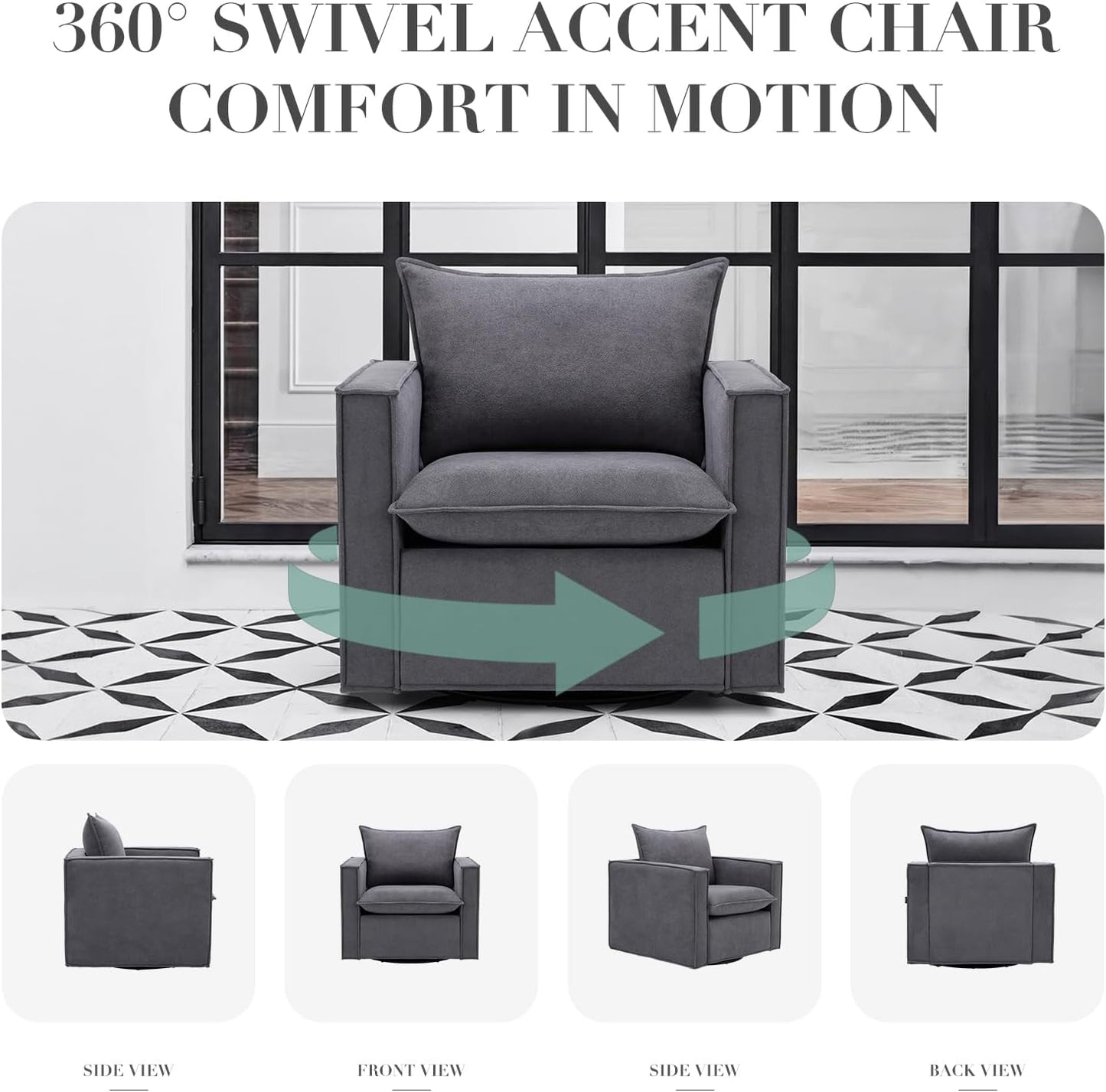 COLAMY Swivel Accent Chair, 34 Inches Wide Upholstered Arm Chair with Plump Back Pillow, Modern Sofa Living Room Chair for Bedroom, Corner, Reading Nook-Grey