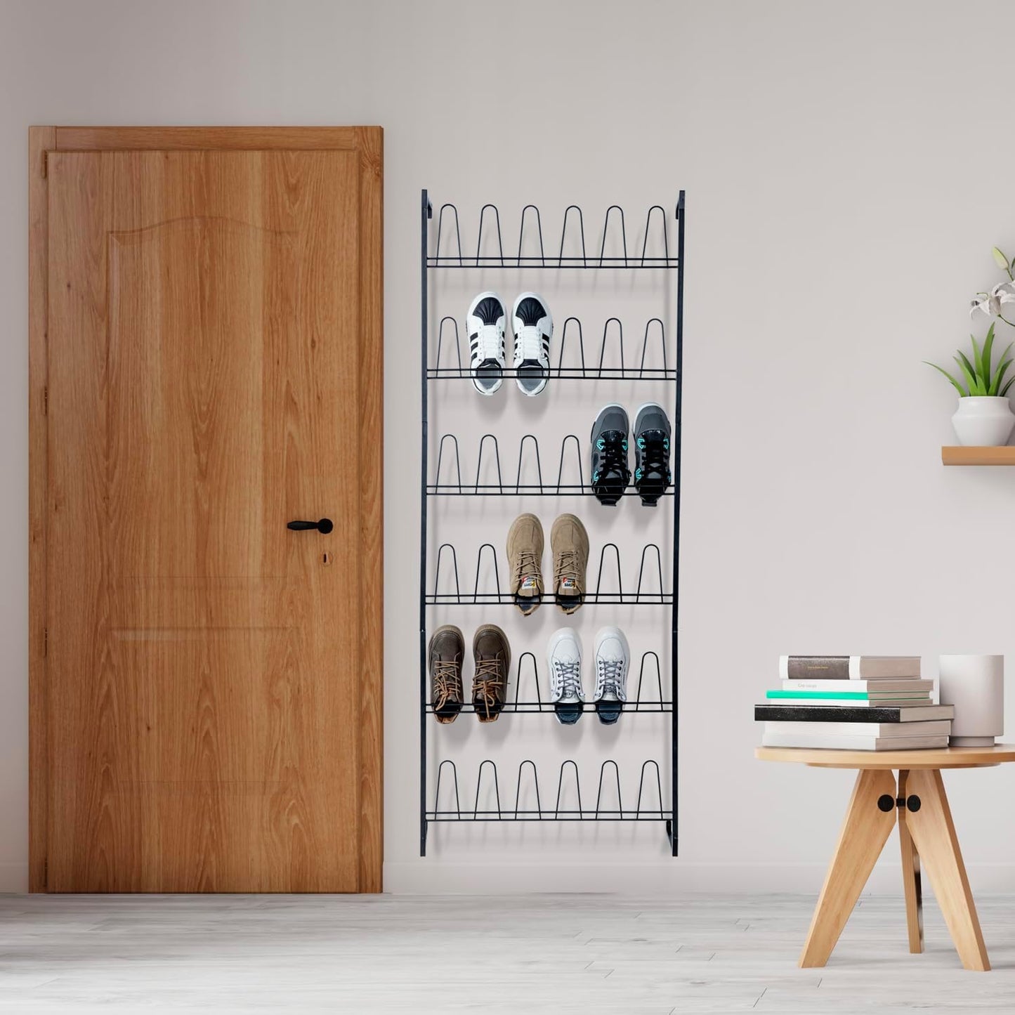 MyGift 70 Inch Black Metal Shoe Organizer for Entryway, Wall Mounted Shoe Rack for Closet with 36 Hooks, Holds up to 18 Pair