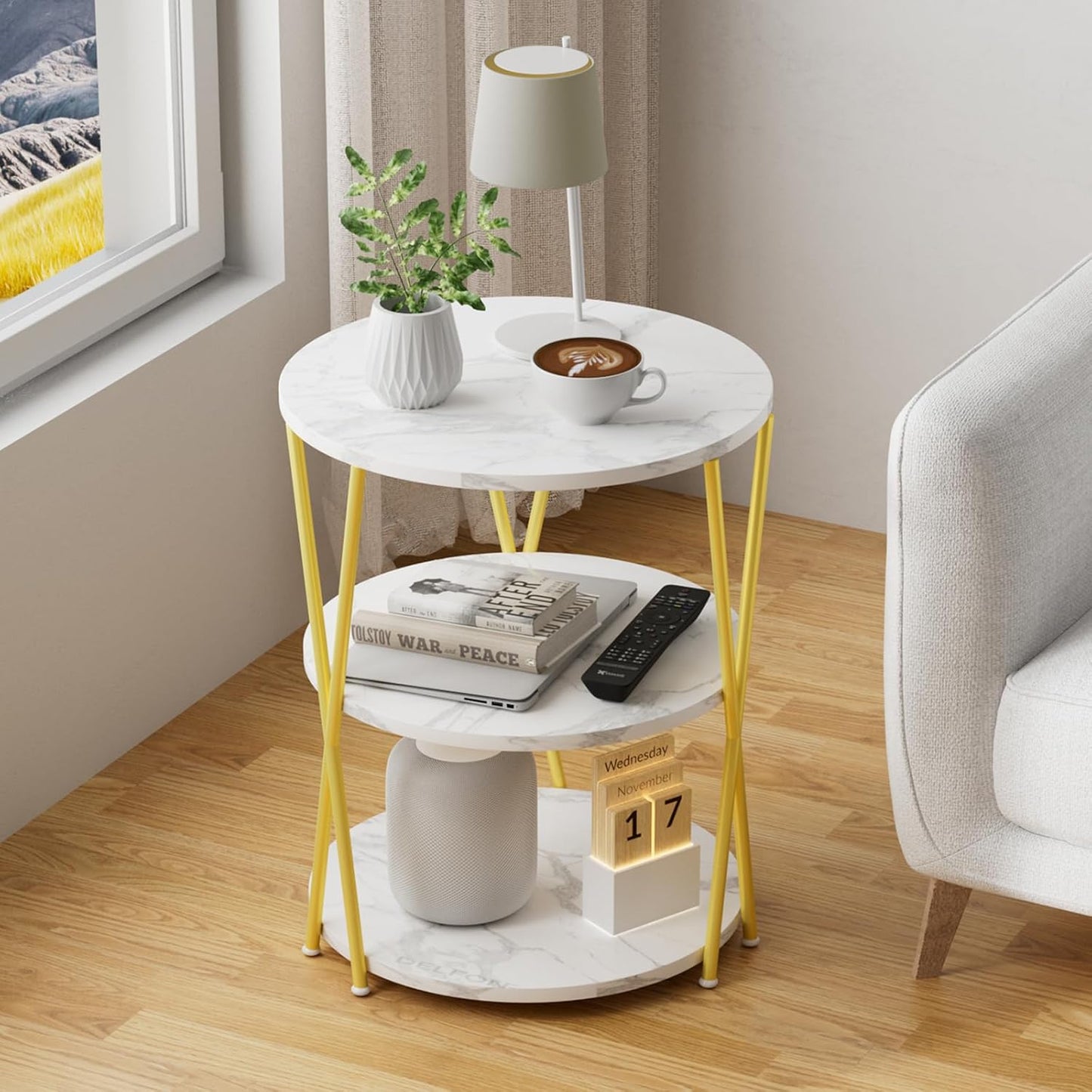 Big Side Table, 3-Tier Large Size Round End Table with X-Leg Design, Nightstand Bedside Table for Living Room, Bedroom, Drink Table Coffee Table for Patio, Indoor Outdoor Use, 16.5''x16.5''x22.8''