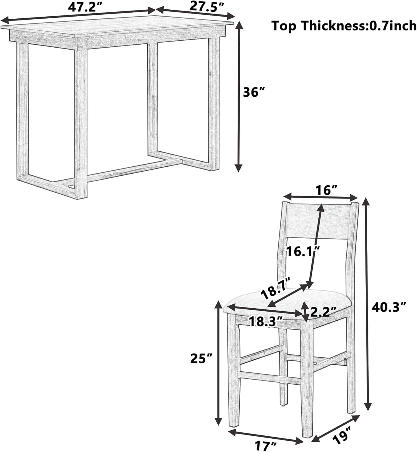 Merax Farmhouse Counter Height 5-Piece Dining Set with 1 Rectangular Table and 4 Upholstered Chairs for Small Places, Family Kitchen Furniture, Gray
