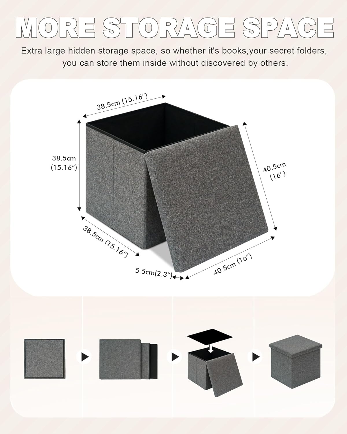 B FSOBEIIALEO Storage Ottoman with Tray, Small Ottomans Cube Folding Coffee Table Foot Stool Footrest Seat, Dark Grey Linen 16"X15.7"x15"