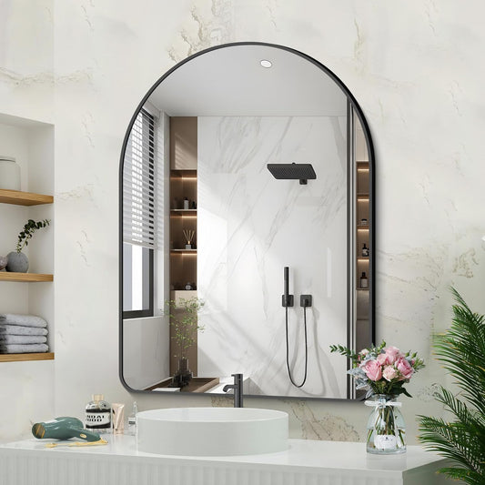Arched Bathroom Mirror, 26"x38" Black Arched Mirror for Bathroom, Wall Mounted Mirror, Black Vanity Wall Mirror w/Metal Frame for Bedroom, Entryway, Living Room, Hanging or Leaning Against Wall