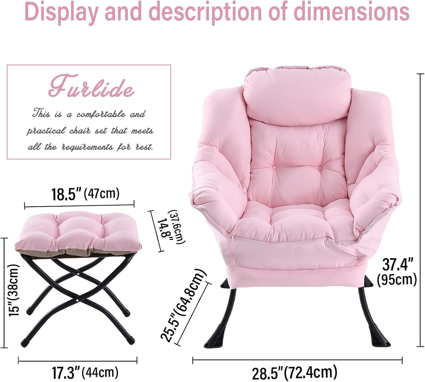 Lazy Chair with Ottoman, Modern Chair with Folding Footrest, Lounge Accent Chair, Comfortable Reading Chair, Oversized Armchairs for Bedroom, Study, Living Room, Courtyard (Pink