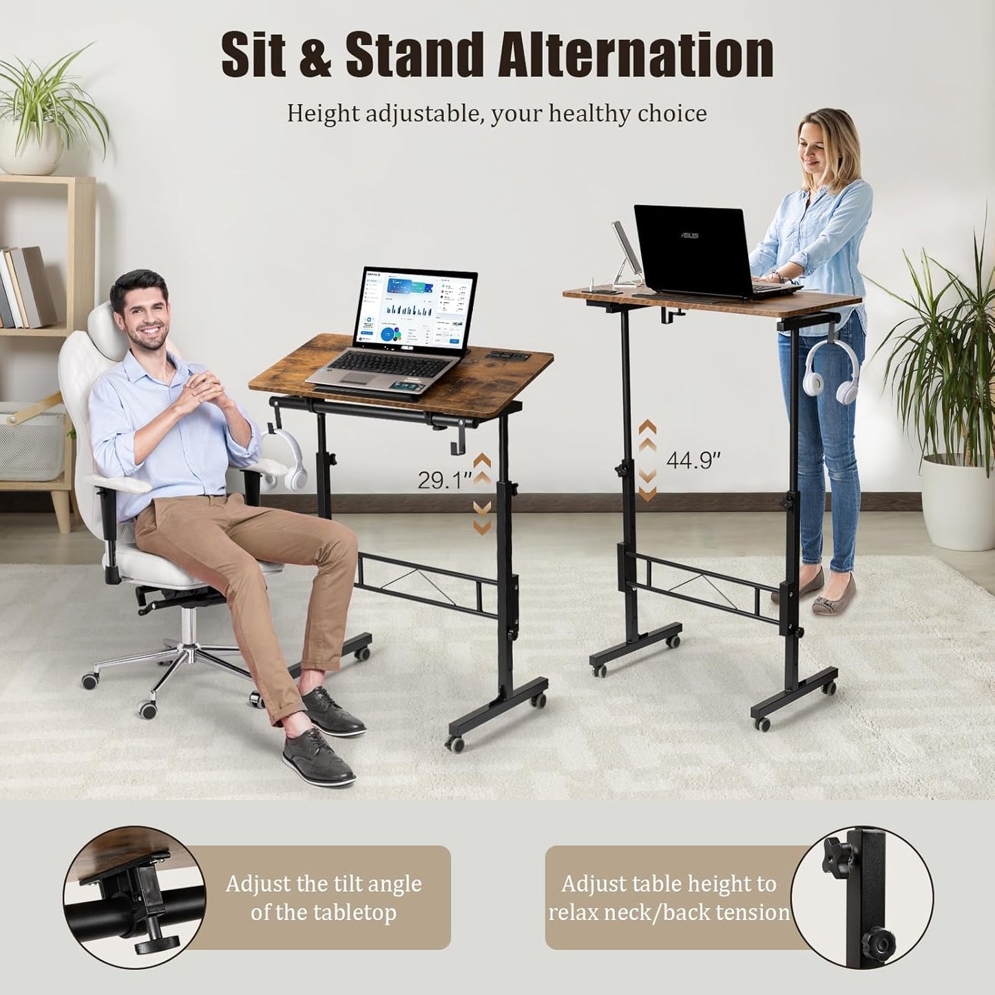 SIDUCAL Standing Desk Height Adjustable with Tiltable Tabletop, Rolling Laptop Desk with Charging Station, Sit Stand Portable Stand Up Desk with Wheels, Rustic Brown