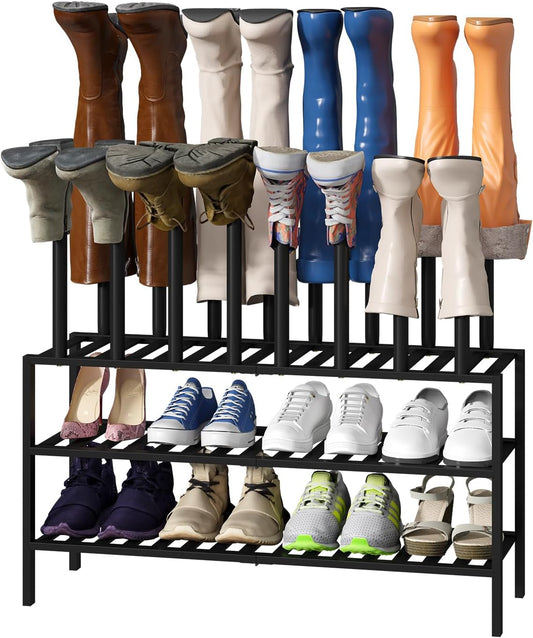 Black Boot Rack, Long Boot Rack Organizer Tall Boots with Shoe Rack for Closet, Bamboo Wood Shoe Shelf Storage Organizer for Entryway Small Space