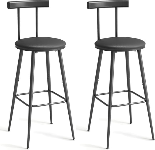 Bar Stools, Set of 2 High Kitchen Barstools, Bar Chairs with Backrest and Footrest, Industrial Counter Stools with PU Soft seat, for Kitchen, Living Room, Pub, Black BS-013BK