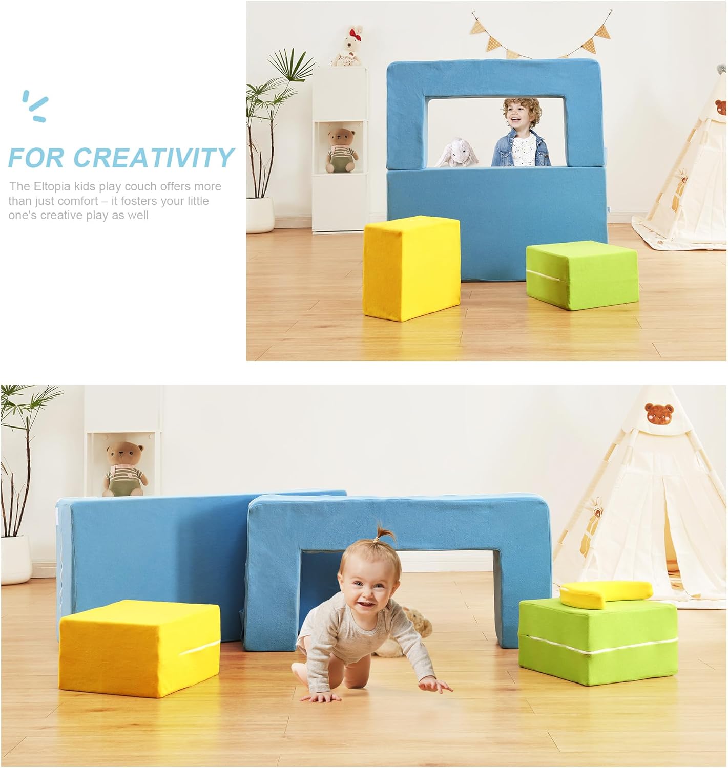 Modular Kids Sofa,Toddler Couch Foam Armchair for Kids,Children Convertible Plush Sofa Play Set,Fold Out SofaBed(Dynami Color)