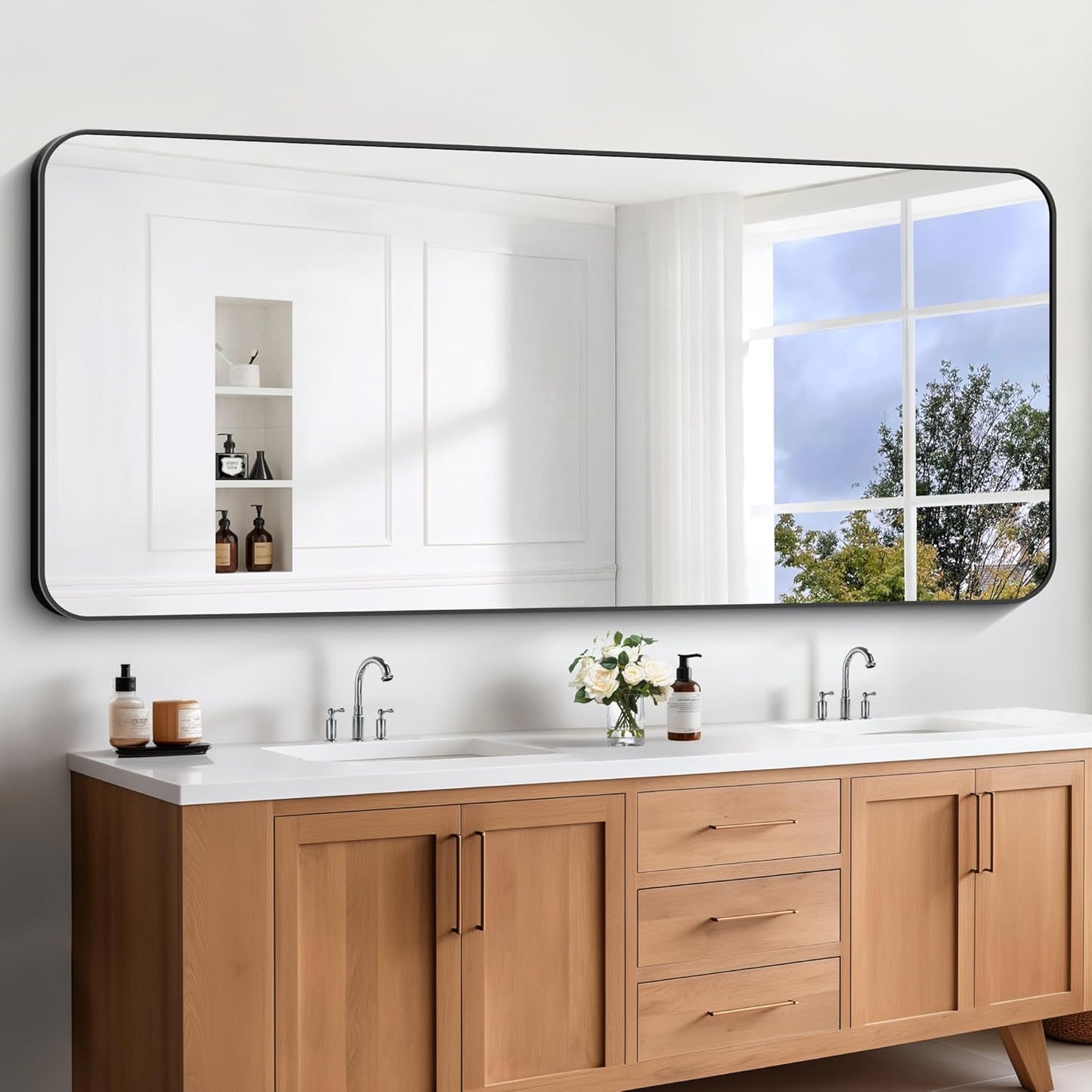 Large Bathroom Mirror, 72x30 inch Black Rectangle Mirror, Metal Frame Rectangular Vanity Mirror, Wall Mounted Mirror with Rounded Corner for Bedroom Living Room Hangs Horizontal Or Vertical