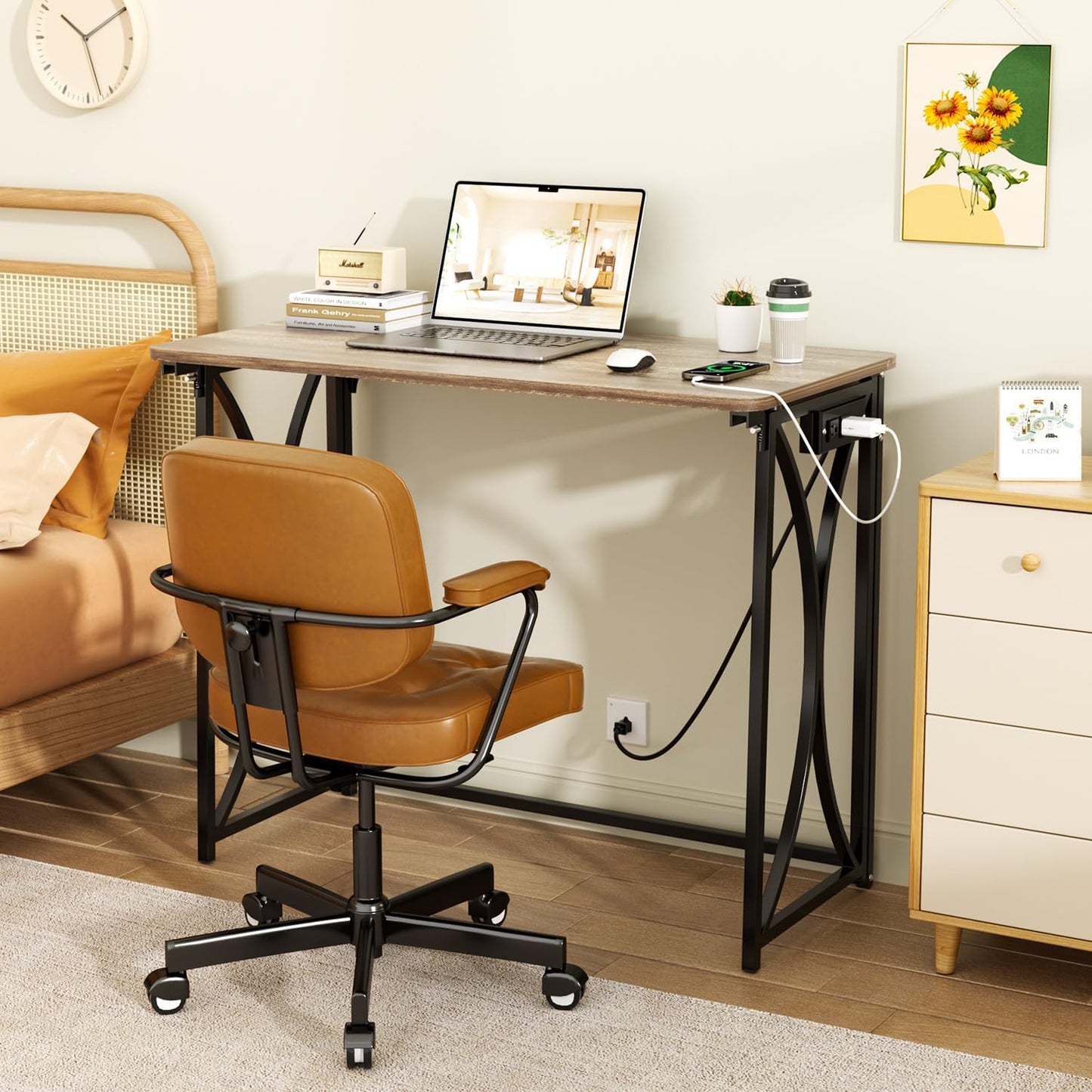 Small Desk, 31.5" Folding Table for Bedroom with Power Outlet, Space Saving Folding Computer Desk for Home Office, Easy Assembly, Light Brown