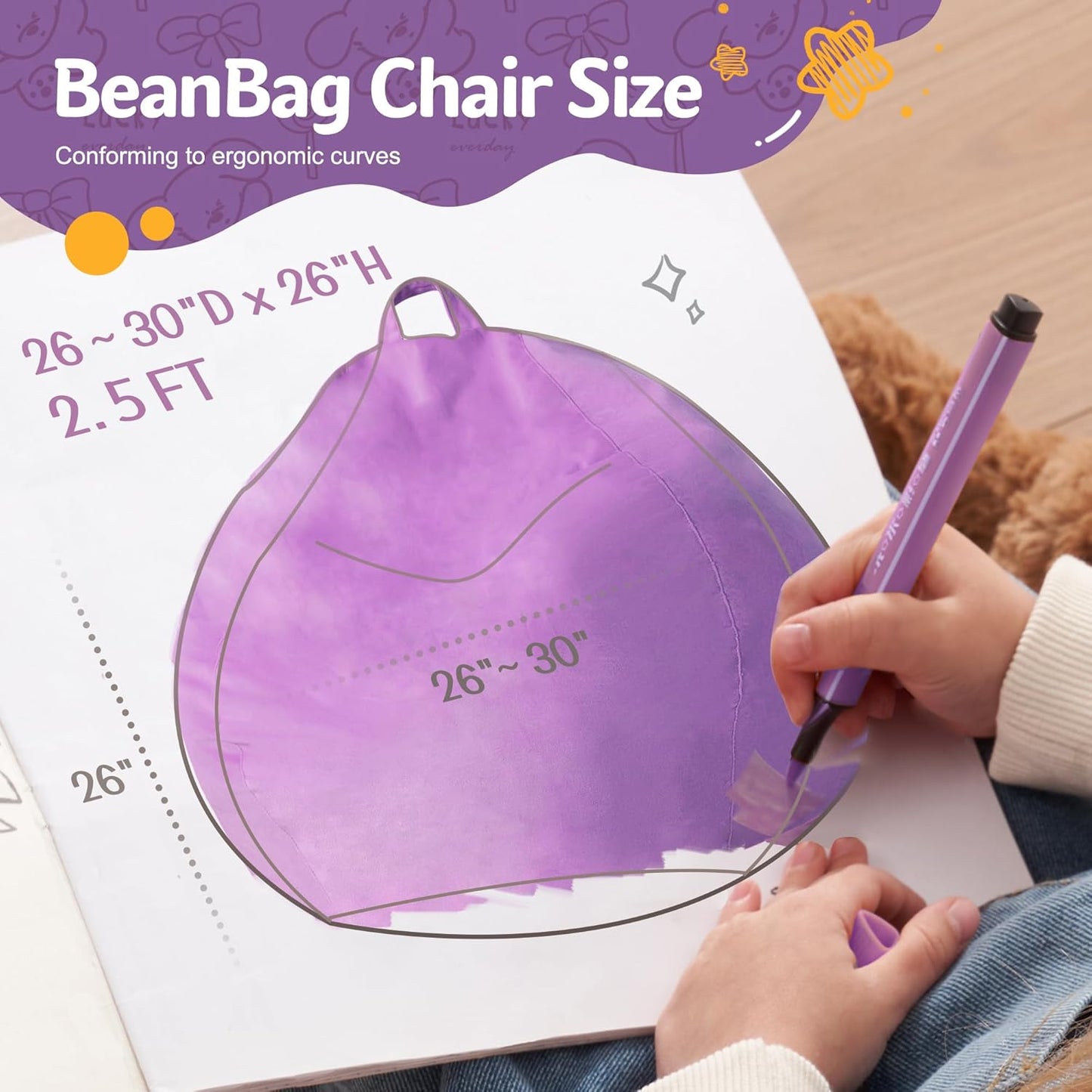 Homguava 2FT Bean Bag Chair: 2' Bean Bags with Memory Foam Filled,Comfy Beanbag Chairs Round Bean Bag Sofa with Dutch Velvet Cover-Purple