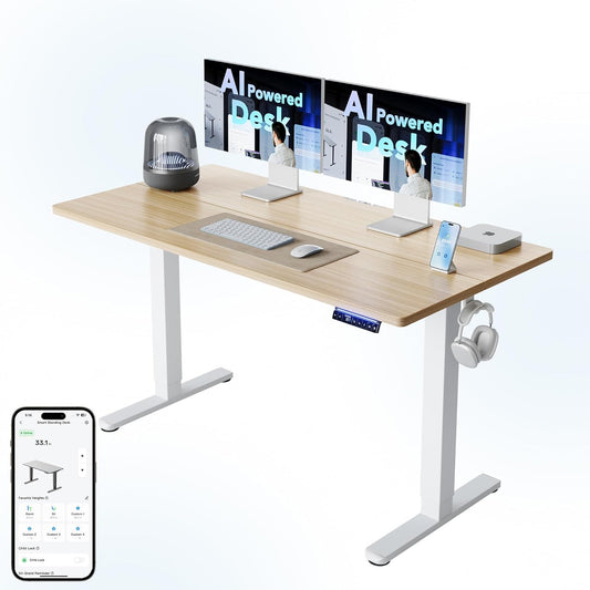 HUANUO 55 inch Electric Standing Desk with Smart APP, Alexa & Google Voice Control, Wi-Fi, Adjustable Height, 6 Memory Settings, Sedentary Reminder, Posture & Neck Care, Sit-Stand Desk, Light Walnut