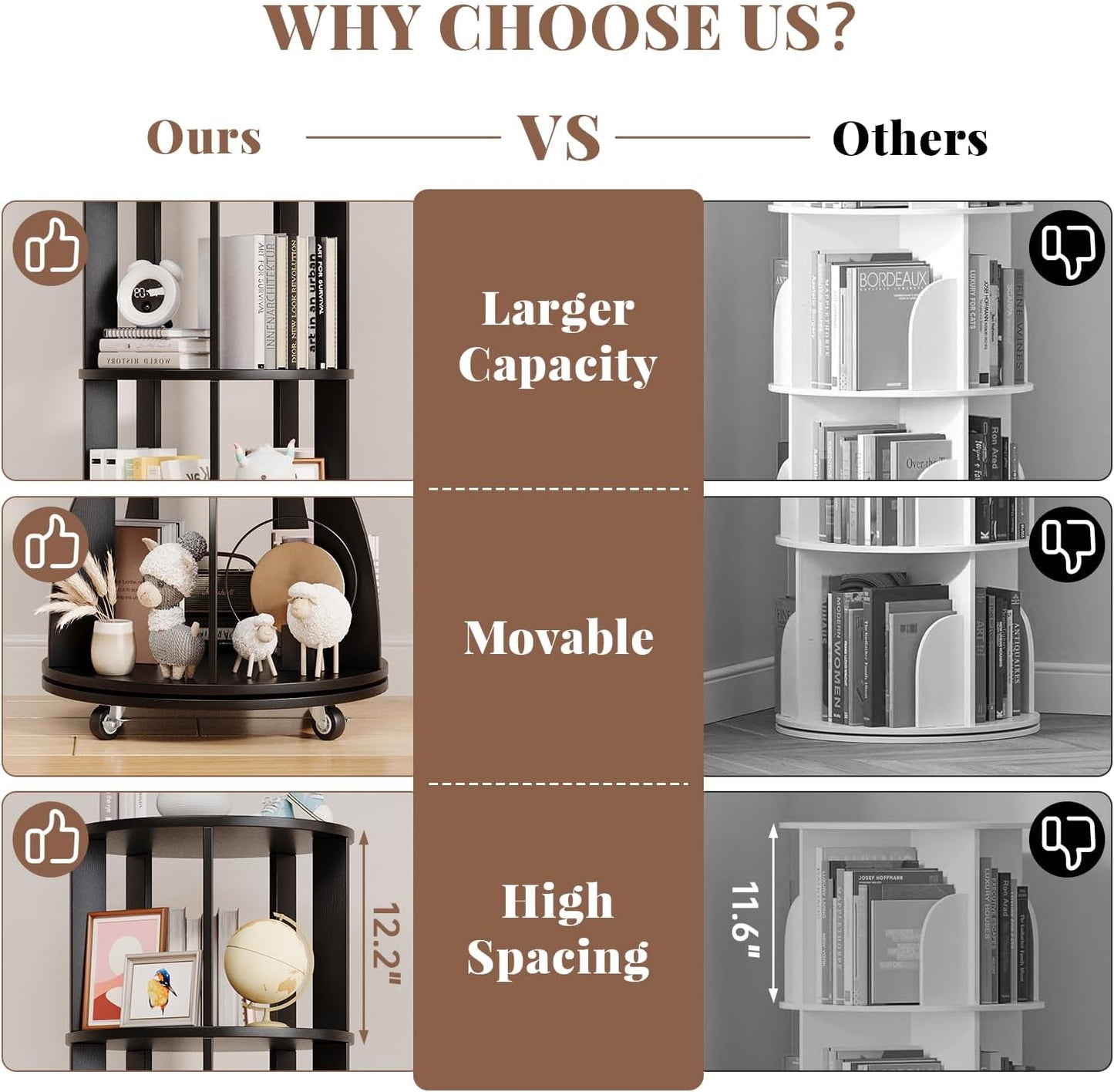 4 Tier Rotating Bookshelf with Brake Wheels, 360° Spinning Bookcase, Vertical Floor Standing Revolving Bookshelf Organizer for Small Spaces, Corner, Living Room, Bedroom, Black