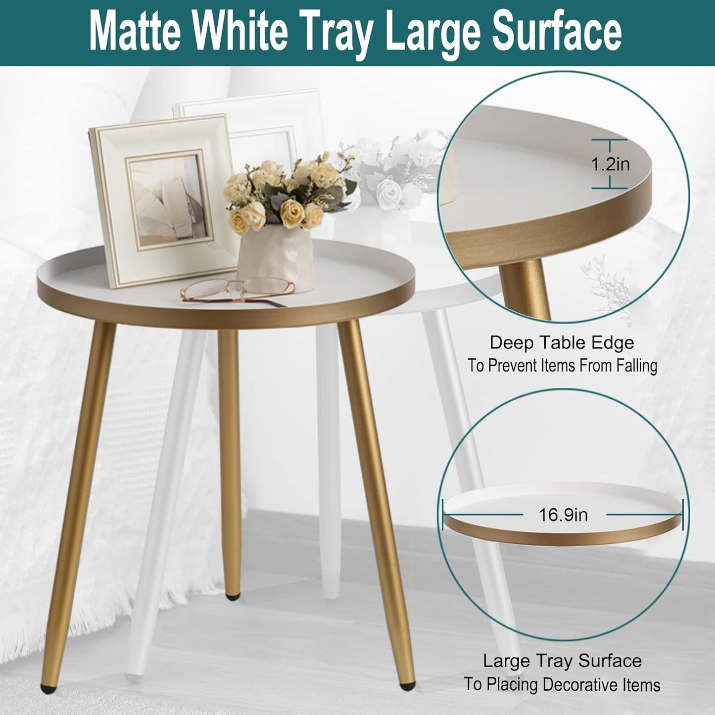 AOJEZOR Side Table: End Table for Any Room - Round Side Tables for Small Spaces - White Top with 3 Gold Legged