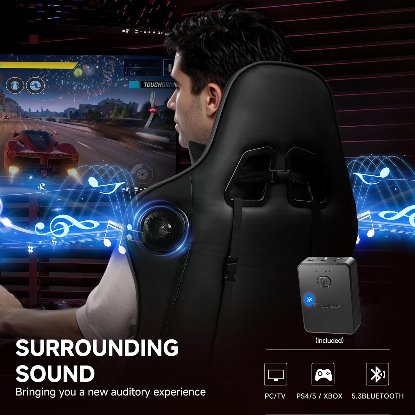 GTPLAYER Gaming Chair with Bluetooth Speakers and Footrest, Ergonomic Gamer Chair with Reclining Backrest, 3D Armrests, Adjustable Seat Height, Computer Desk Chair for Adults (Black)