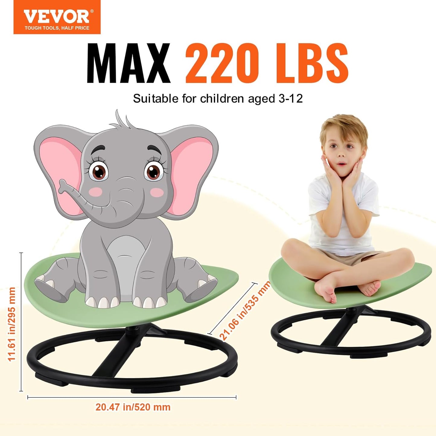 VEVOR Kids Swivel Chair, 220 LBS Capacity, Sensory Spinning Chair, Autistic Kids Sensory Toy with Non-Slip Metal Base, Toddler Sit and Spin for Coordination Balance Focus Training Green