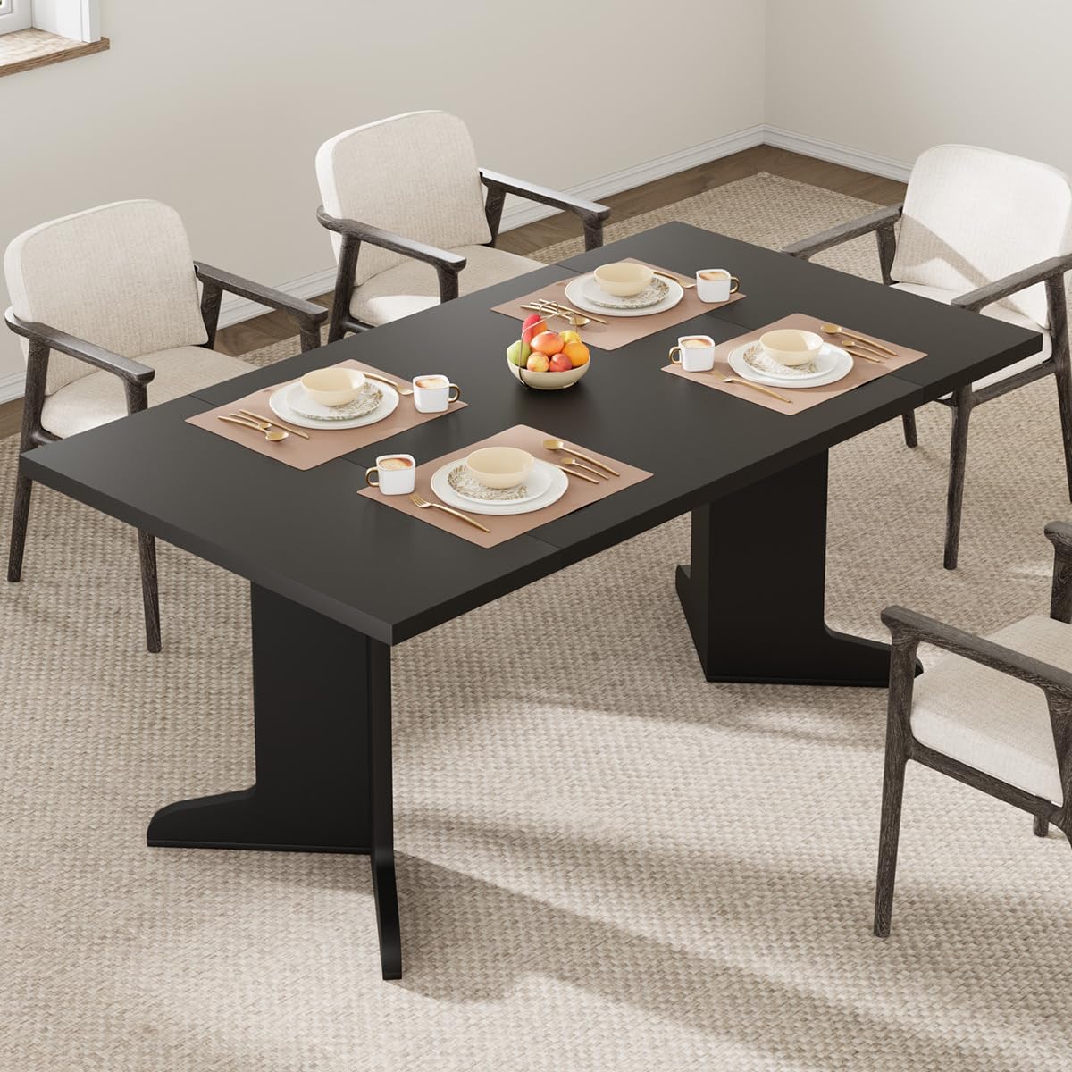 71" Large Dining Table for 6, Farmhouse Kitchen Table with Padded Top and Unique V-Shaped Feet, Rectangular Wooden Dining Table for 8 People for Home, Dining Room, Kitchen, Office, Black