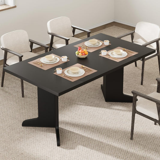 71" Large Dining Table for 6, Farmhouse Kitchen Table with Padded Top and Unique V-Shaped Feet, Rectangular Wooden Dining Table for 8 People for Home, Dining Room, Kitchen, Office, Black