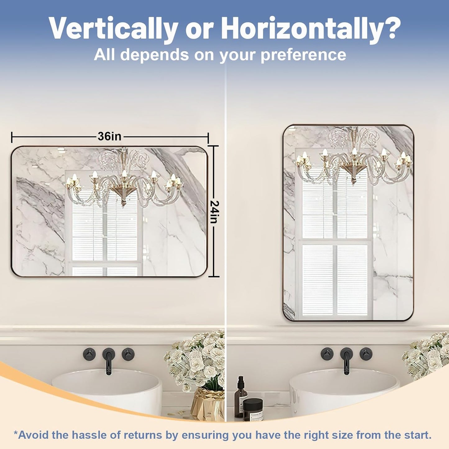 24x36 Inch Brushed Bronze Bathroom Mirror for Wall, Metal Framed Rectangle Mirror with Rounded Corner, Bathroom Vanity Mirror in Aluminum Alloy, Hangs Horizontally or Vertically